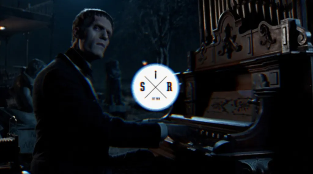 Frankenstein at the organ, with the Still in Rock badge